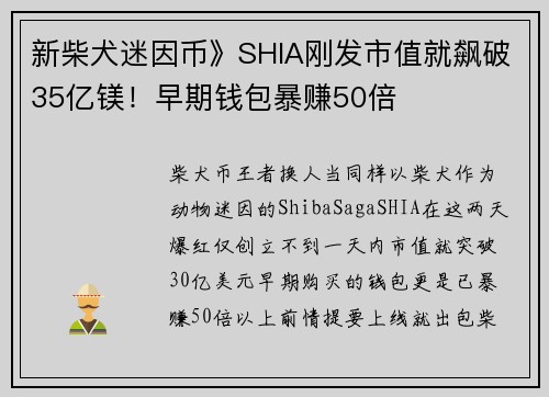 新柴犬迷因币》SHIA刚发市值就飙破35亿镁！早期钱包暴赚50倍